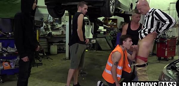  Mature man bent over and drilled by car shop workers